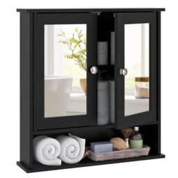 CASART Bathroom Mirror Cabinet, Wall Mounted Storage Cupboard with Double Doors and Adjustable Shelf, Wooden Display Organiser Unit for Kitchen Living Room (Black)