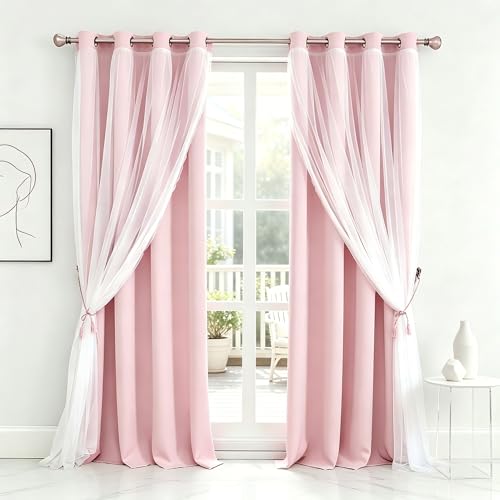 SOFJAGETQ Short Pink Room Darking Curtains with Sheer Overlay 54 Inch Length- Grommet Privacy Pink Drapes, Cute Window Treatments for Kids/Girls Bedroom Nursery LivingRoom, 52 x 54 in, 2 PCs
