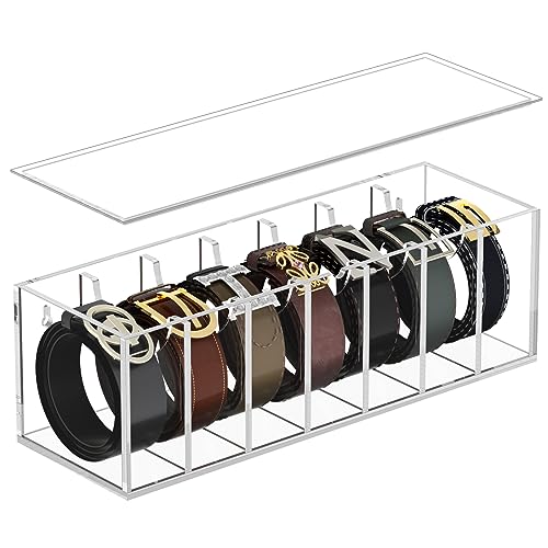 FEMELI Acrylic Belt Organizer with 7 Compartments, Clear Dust Cover, Holds Most Belts, Tie & Bow Tie, Transparent, 2.2 Inches