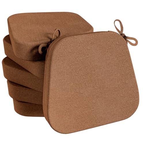 "Chair Cushions for Dining Chairs Set of 6, 17""x 16""x 3"" Thickened Kitchen Chair Pads, Indoor Dining Chair Cushions with Ties and Removable Cover, D-Shaped Seat Cushions for Kitchen Chairs, Brown"