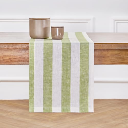 Solino Home Linen Table Runner 72 Inches Long - Cabana Stripe, 100% Pure Linen Green and White Table Runner 14 x 72 Inch for Dining, Dresser, Summer