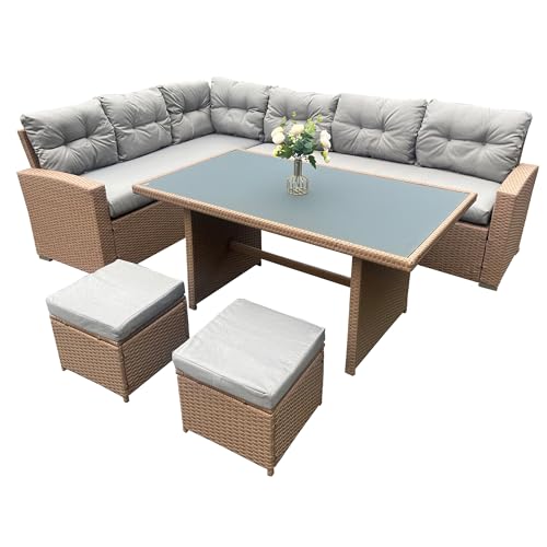 SHATCHI 8 Seater Aluminium Rattan Corner Sofa Set with Dining Table - Corner Sofa Set, Dining Table, Footstools and Thick Cushions, Outdoor Patio Dining and Garden Lounge Furniture