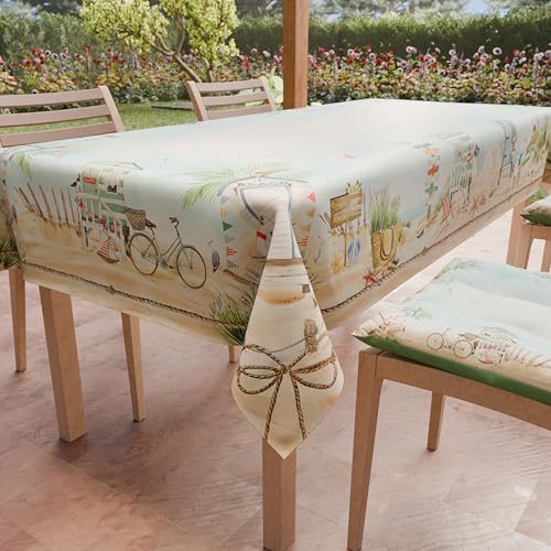 PETTI Artigiani Italiani - Stain Resistant Tablecloth Square 140x140 cm 4 Seats, Wipe Clean Microfibre Kitchen Table Cover, Beach Design Shells and Starfish, 100% Made in Italy