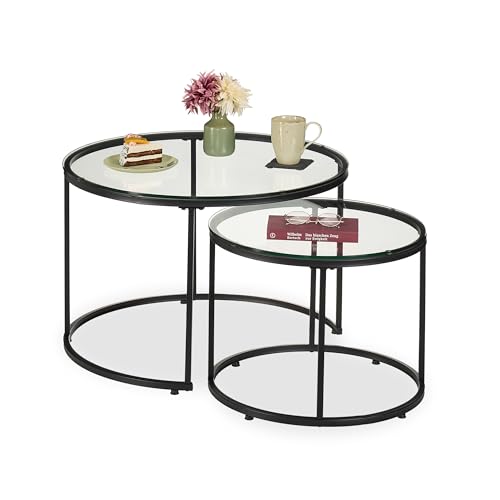 Relaxdays side tables, set of 2, glass & metal, round nesting tables, for the sofa, living room, transparent/black