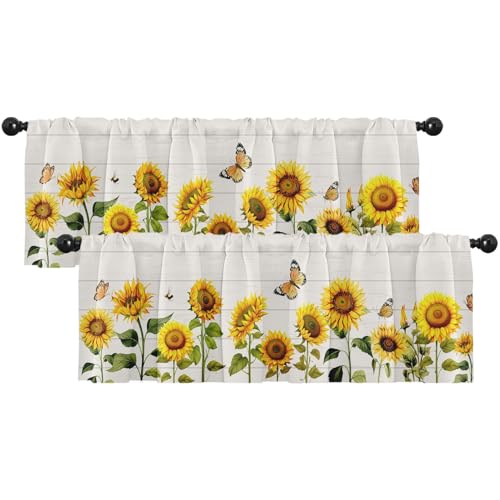 Emvency 2 Pack Sunflower Valances Window Treatments Farmhouse Flowers Spring Summer Butterfly Blackout Drapes Adjustable Curtain for Windows Living Room Kitchen Over Sink 12x52 Rod Pocket Valances