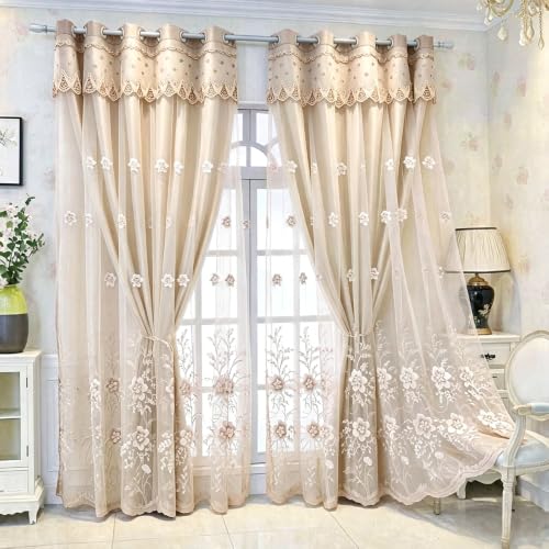Amidoudou 1 Pair European Double Layer Curtains for Living Room Bedroom Luxury Flower Embroidered Curtains with Valance (Beige,52x95 Inch)