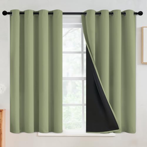 SimpleHome Sage 100% Blackout Curtains Room Darkening Living Room 45 Inch - Curtains for Bedroom,Thermal Insulated Grommet Window Drapes,Curtains for Living Room with Black Back,52 x 45 Inch,2 Panels