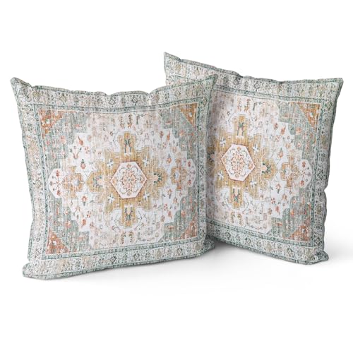 Snycler Light Green Boho Throw Pillow Covers Set of 2 Monaco Rug Carpet Double Sided Pattern Cotton Soft Pillow Case Cushion Cover Pillowcase for Garden Couch Sofa Bed Decorative 18x18 inch