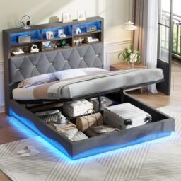 FAVSH 5ft King Bed Frame,Upholstered Lift Up Bed for Adults & Kids,Platform Bed Frame with Hydraulic Storage,Charging Station & Metal Slat Support,Bedroom Furniture for Apartment,Grey(No Mattress)