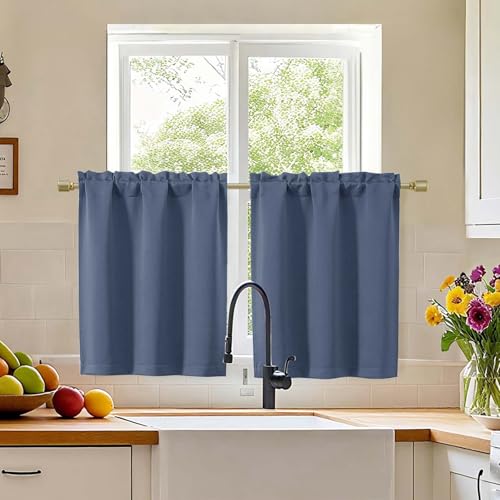 Simplebrand Denim Blackout Curtains 30 inch Length 2 Panels for Kitchen, Room Darkening Tiers Drapes with Rod Pocket, Blackout Thermal Insulating Small Curtain Tiers for Bathroom, 30W x 30L Inches