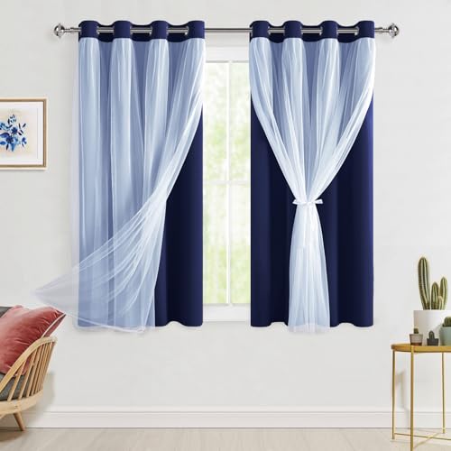 Hiasan Blackout Curtains with Sheer Overlay, Thermal Insulated Privacy Mix and Match Double Layer Window Curtains for Bedroom, Living Room, 2 Drape Panels Sewn with Tiebacks, Navy Blue, 52W X 54L
