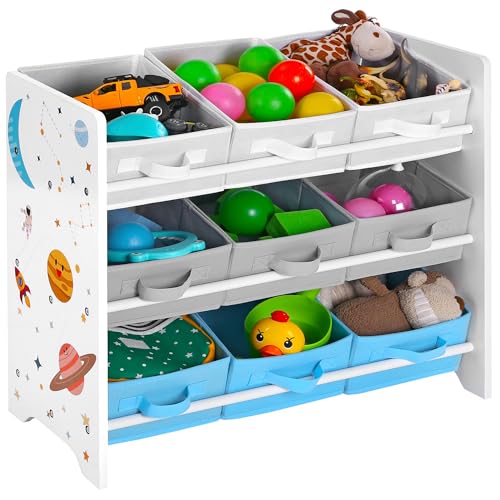 SONGMICS Children's Storage Shelf for Toys and Books, 9 Removable Boxes Non-woven Fabric, for Children's Room, Playroom, Nursery, School, 62.5 x 29.5 x 60 cm, Space Pattern, White GKR33WT