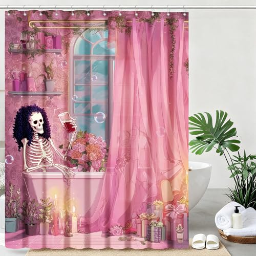 mutakin Gothic Skull Shower Curtain Funny Retro Floral Shower Curtains for Bathroom Waterproof Fabric Bath Curtain Decor with Hooks