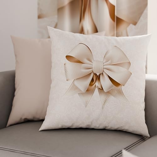 PETTI Artigiani Italiani - Pair of Pillow Cases 65 x 65 cm in Microfibre, Pillows for Bedroom Furniture, Sofa, Living Room, Set of 2 Cushion Covers, Beige Bow Pillow, 100% Made in Italy