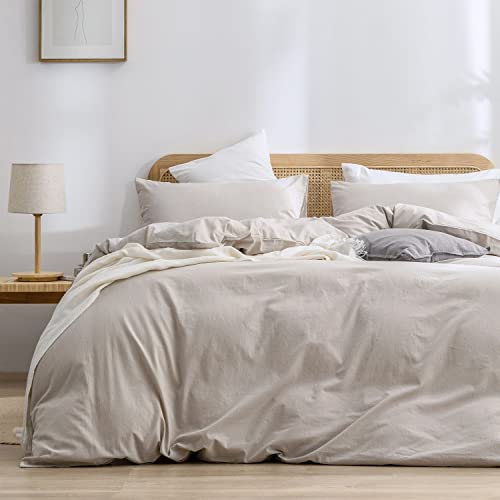 BESTOUCH 100% Washed Cotton Bed Linen Set, Super Soft Touch Comfortable Chic Lightweight 3-Piece Bed Linen Set for Home Solid Light Grey Linen Full/Double