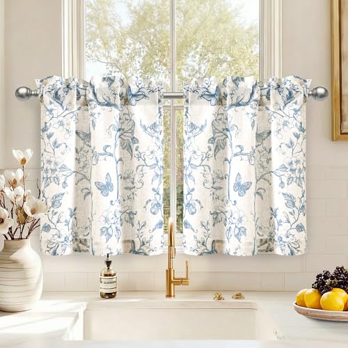 DWCN Linen Kitchen Curtains 36 Inch Lenght Cafe Tier Curtains Light Filtering Drapes for Small Windows, Rod Pocket Half Window for Living Room, Bathroom, 2 Panels, Blue on Beige, W30 x L36