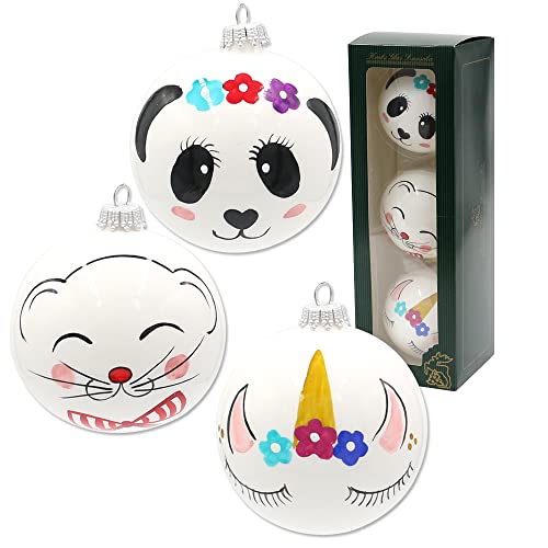 Lauschaer Christmas Tree Decorations Set of 3 Hand-Blown Christmas Tree Baubles with Various Animal Motifs with Silver Crowns Diameter Approx. 8 cm