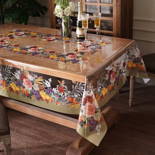Artbloss Clear Table Cover Protector Vinyl PVC Rectangle Table Cloth Oil Spill Proof Plastic Tablecloths for Dining Tables Parties Holidays (Floral Fruit, 60 x 104 Inches)
