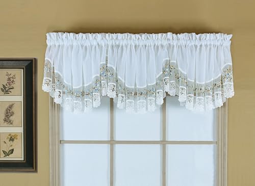 "Today's Curtain, Vintage Macramé Organza Crescent 18"", White/Blue, 58"" W x 18"" L"