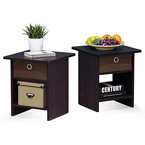 Furinno Dario End Table/ Night Stand Storage Shelf with Bin Drawer, Dark Walnut, Set of 2