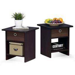 Furinno Dario End Table/ Night Stand Storage Shelf with Bin Drawer, Dark Walnut, Set of 2