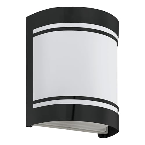 EGLO Outdoor Wall Light Cerno, External Porch Lighting, Waterproof Outside Lamp Made of Black Galvanized Steel and White Satinised Glass, E27 Socket, IP44