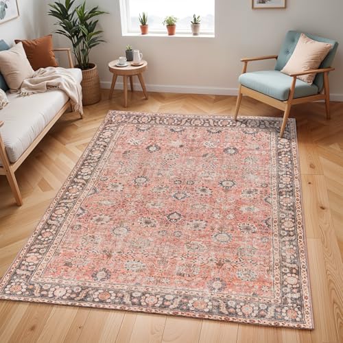 Livabliss Peyton Terjit Washable Carpet 160x220 cm, Living Room, Kitchen & Hallway, Vintage Boho Style, Easy Care, Rust Brown Charcoal