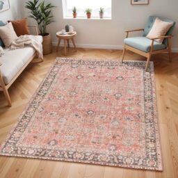 Livabliss Peyton Terjit Washable Carpet 160x220 cm, Living Room, Kitchen & Hallway, Vintage Boho Style, Easy Care, Rust Brown Charcoal