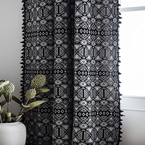 BHUSB Boho Geometric Semi-Blackout Curtains for Bedroom Farmhouse Room Decor Curtains 2 Panels Black White Burlap Linen Curtains Rod Pocket for Living Room,Tassel,52 x 84 Inches (BHCTS21F-M)