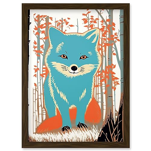 Artery8 Cute Blue Fox Forest Glade Landscape Bright Woodland Baby Animal Kids Bedroom Artwork Framed Wall Art Print A4