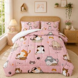 3 Piece Girls Cats Comforter Set QUEEN Size Cartoon Cat Comforter Set,Pink Cat Bedding Sets for Girls Kids Teens Lovely Kitten Print Cute Animal Pattern Room Decor (1 Comforter, 2 Pillow Cases)