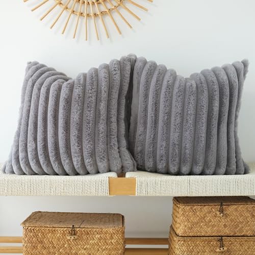 JOJUSIS Faux Fur Plush Throw Pillow Covers, Grey, 18 x 18-Inch - Pack of 2, Couch Cushion Case, Soft Pillowcases, Decorative