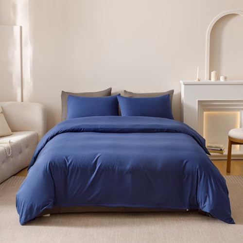 Houseri Royal Blue Comforter Set Full Neutral Navy Bedding Boys Men Japanese Style Solid Blue Vintage Farmhouse Bed Sets Full Size