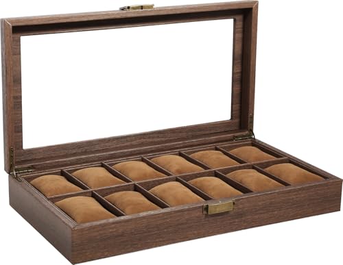 Uten Watch Box 12 Slots, Watch Case with Glass Lid, Wood Grain PU Leather Watch Display Storage Box with Removable Imitation Suede Watch Pillows, Metal Clasp, Gift Idea for Men and Women