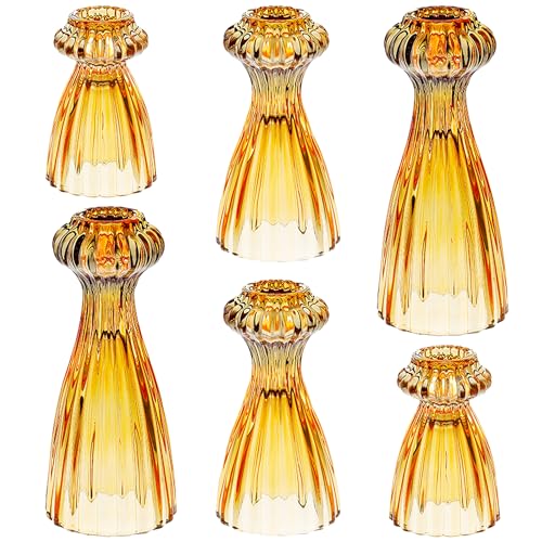Lysenn Glass Candle Stick Holder Set of 6 ??? Premium Taper Candle Holders for Romantic Ambiance - Candle Sticks Holder Decor for Special Occasions - Amber