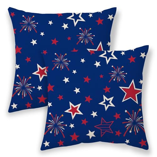 4th of July Pillow Covers 24x24, Blue Memorial Day Patriotic Outdoor Decorative Throw Pillows for Couch, Red White Star Decor Cushion Cover 2 Pcs American Flag Linen Pillowcase for Bed Car Safa