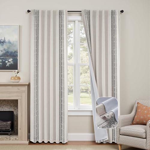 DriftAway Boho Linen Blackout Curtains Double Layer Thermal Insulated Farmhouse Vintage Retro Printed Trim Pattern Lined Drapes for Living Room Bedroom 84 Inches Long Back Tab 2 Panels Gray