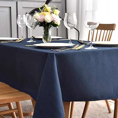 maxmill Jacquard Table Cloth Waving Pattern Water Resistant Wrinkle Resistance Heavy Weight Soft Tablecloth for Kitchen Dinning Tabletop Decoration Oblong 60 x 140 Inch Navy Blue