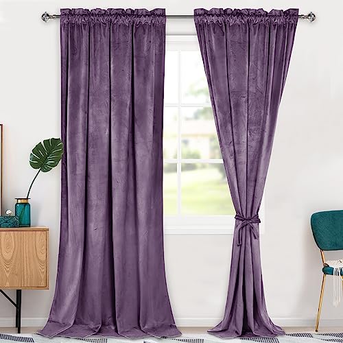 Hiasan Velvet Curtains 108 inches-Blackout Thermal Insulated Solid Soft Privacy Curtains for Bedroom Living Room Rod Pocket Room Darkening 2 Panels Window Drapes with Tiebacks, 52W x 108L, Lavender