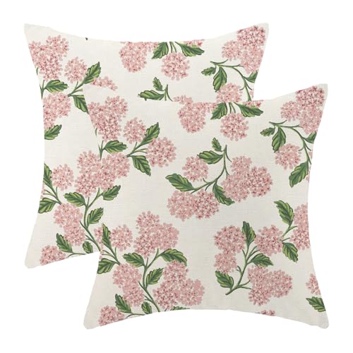 OFIRD Spring Pillow Covers 18x18 Pack of 2 Green Pink Hydrangea Floral Decorative Throw Pillow Covers Outdoor Decor Summer Seasonal Flower Pillowcase Farmhouse Linen Cushion Case for Home Couch Sofa