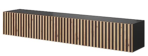 SELSEY Telire Wall-Mounted Wooden TV Cabinet 175 x 31 x 30 cm, Artisan Oak Fronts/Black Body, Fits up to 75'' TV, MDF/Laminated Board, Spacious Compartments, Ideal for Living Room, Modern/Boho Style