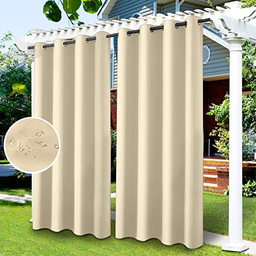 "LiveGo Outdoor Patio Curtain, Blackout Waterproof Curtain, Thermal Insulated Outdoor Garden Curtain for Porch/Pergola/Yard/Sliding Door/Arbor (2 Panels, 52"" W x 94"" L, Beige)"