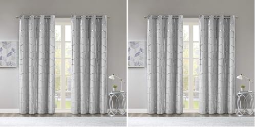 Intelligent Design Raina Total Blackout Metallic Print Grommet Top Single Curtain Panel Thermal Insulated Light Blocking Drape for Bedroom Living Room and Dorm 1 Piece, 50x84, Grey/Silver (Pack of 2)