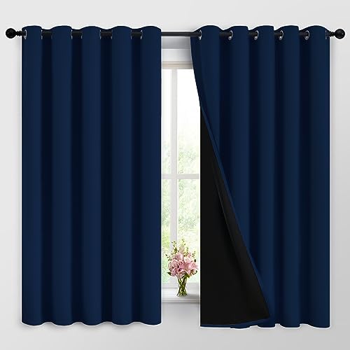 "Yakamok Navy Blue 100% Blackout Curtains 63 Inches Long 62"" Wide, 2 Panels - Blackout Curtain Panels for Bedroom, 2 Thick Layers Grommet Top Thermal Insulated Drapes with Black Liner for Living Room"