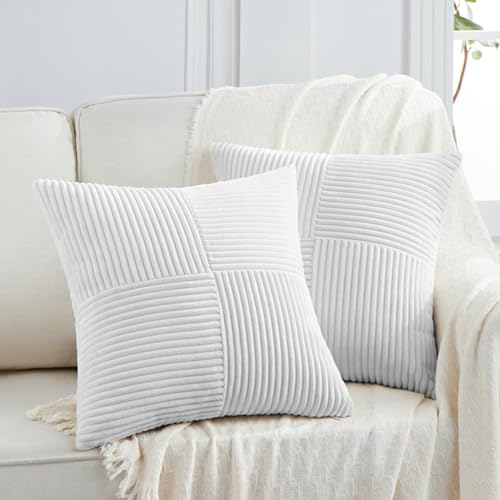 Fancy Homi 2 Packs, White Euro Decorative Pillow Cover for Living Room Couch, Bed, Rustic Farm Boho Home Decor, Soft Corduroy, Cross-Patchwork, Structured, Square, Pillow Cover, 66x66 cm