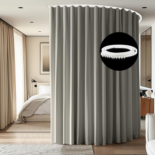 cbsroro Room Divider Ceiling Mounted Curtains Track Sets Extra Wide Blackout Curtain Flexible Tracks for Bedroom Privacy Partition Separator, 1 Panel Light Grey Drape and White Rail, W8.3 x H9ft
