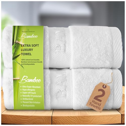 GC GAVENO CAVAILIA Bamboo Hand Towels 2 Pack - 500 gsm Highly Absorbent Towels For Bathroom (50x80 Cm) - 60% Bamboo, 40% Cotton Towels Bale Extra Soft - White