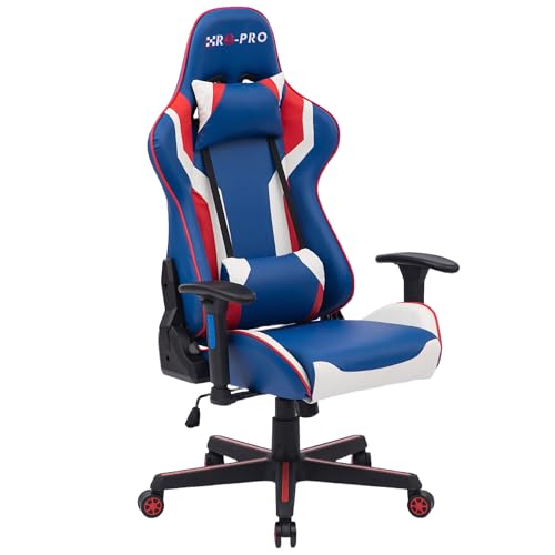 RayGar RG-PRO Gaming Chair High Back Racing Style, PU Faux Leather, Ergonomic Design with Adjustable Recline, Lumbar Support and Neck Pillow, 360 Degree Swivel (Blue)