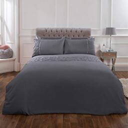 Sienna Satin Pintuck Diamante Band Duvet Cover with Pillow Cases Pinch Pleat Bedding Set, Silver Grey - King