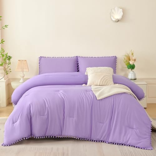 PERFEMET Light Purple Bedding Sets for Girls Full Size 5 Pieces Boho Pom Pom Comforter with Sheet Soft Fluffy Farmhouse Bedding Comforter Set Cozy Solid Bed in a Bag for Kids Teen(Light Purple, Full)